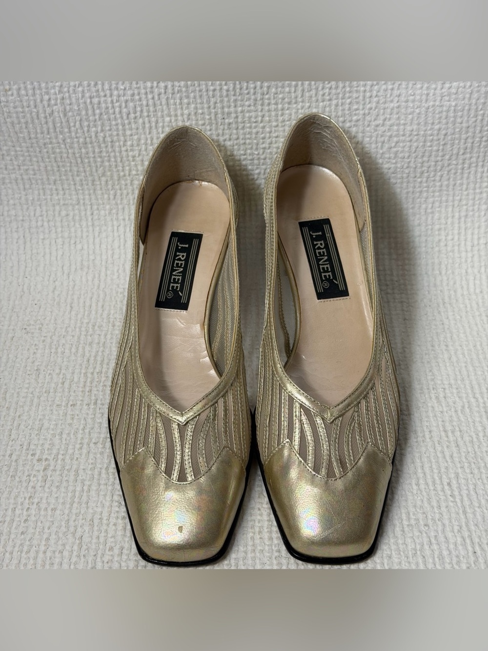 Vgt J. Renee Iridescent Champagne Mesh Leather Shoes Block Heel Pumps Sz 8N